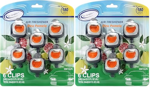 Image of Air Jungles Eleu Pomelo Scent Car Air Freshener Clip, 6 Car Freshener Vent Clips, 4 ml Each, Long Lasting Air Freshener for Car, Up to 180 Days Car Refresher Odor Eliminator (Pack of 2)