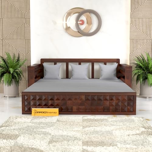 Image of Mamta Furniture Solid Sheesham Wood Sofa Set 3 Seater Furniture Wooden 3 Seater Sofa Cums Bed for Home Living Room with Cushions (Walnut with Grey, 3 Seater Design 2)