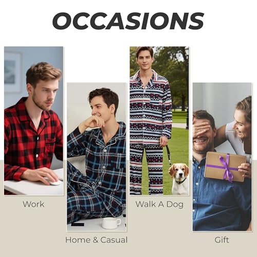 Vulcanodon Mens Ultra Soft Pajama Set, Warm Long Sleeve Prints Sleepwear Cozy Button Down Pjs for Me4