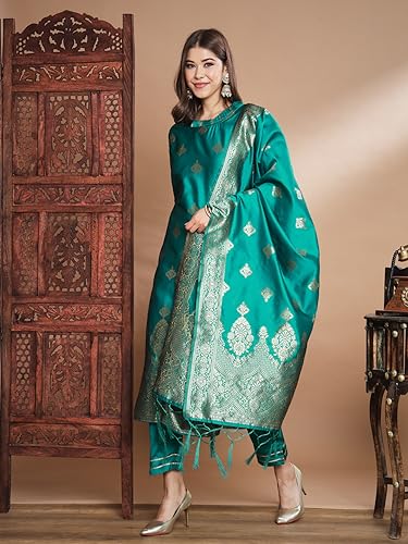Image of VredeVogel Women's Cotton Silk Jacquard, Banarasi Silk Kurta Pant With Dupatta Set