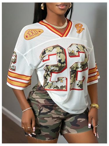 Women's Number Graphic Jersey Shirts Striped Half Sleeve V Neck Loose Casual T Shirt4