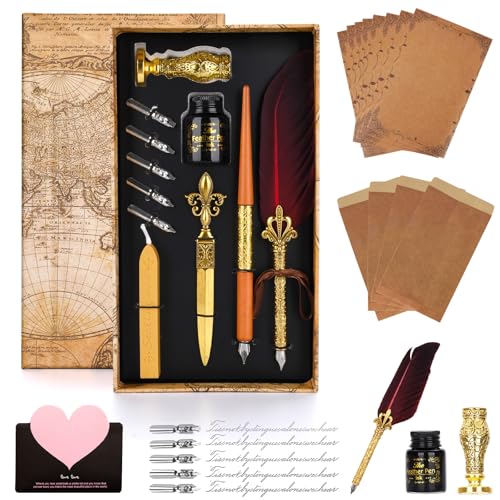 WUSUPU Set de Caligrafía de 24 Piezas – Pluma de Oca Vintage & Pluma de Madera con 5 Plumillas,Tinta,Sello,Soporte,Sobres y Papel de Carta,etc – Elegante Regalo para Principiantes y Profesionales WUSUPU Set de Caligrafía de 24 Piezas – Pluma de Oca Vintage & Pluma de Madera con 5 Plumillas,Tinta,Sello,Soporte,Sobres y Papel de Carta,etc – Elegante Regalo para Principiantes y Profesionales