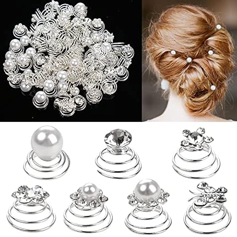 MiDoDo 84 Pieces Spiral Hair Pins Bridal Hair Pins Pearl 7 Styles Crystal Rhinestones Hair Clips Swirl Hair Twists Coils Silver Spiral Hair Clips Hair Jewelry for Women Girls Wedding Bridal Party Cover