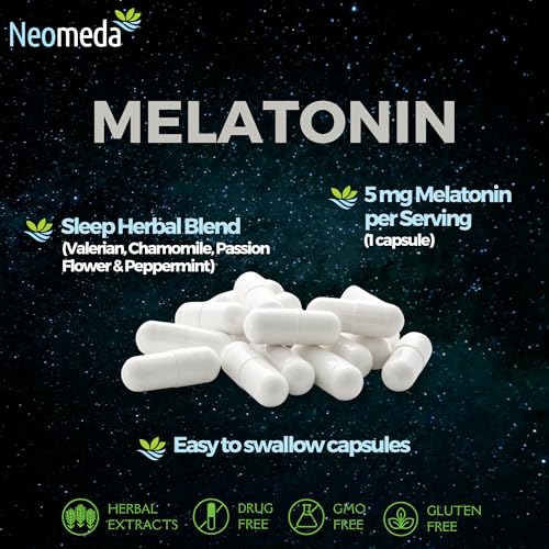 Neomeda Melatonin Sleep Herbal Blend - Natural Sleep Aid with 5mg Melatonin + Valerian, Chamomile, Passion Flower & Peppermint - Drug-Free Sleep Supplement, 30 Capsules - Image 7