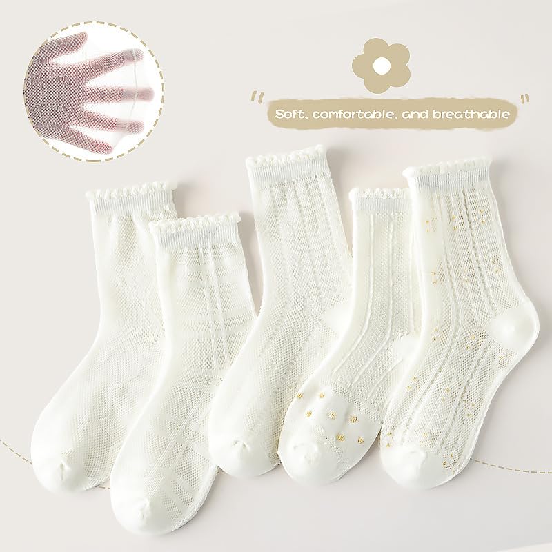 5 Pairs Lolita Kids Socks - Breathable Cotton Summer Socks for Girls - Cute Lace Trim, Anti-Slip2