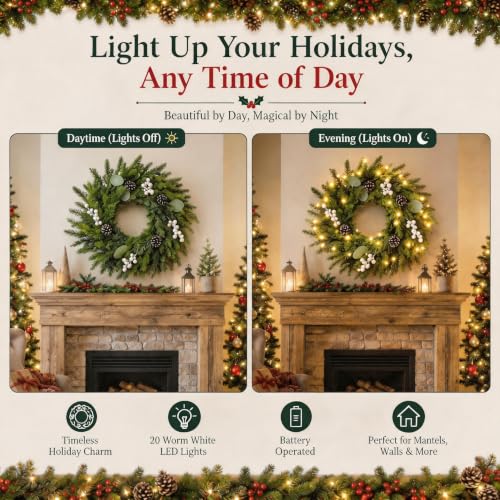 Couronne de Noël artificielle extérieure grand diamètre 61 cm avec LED