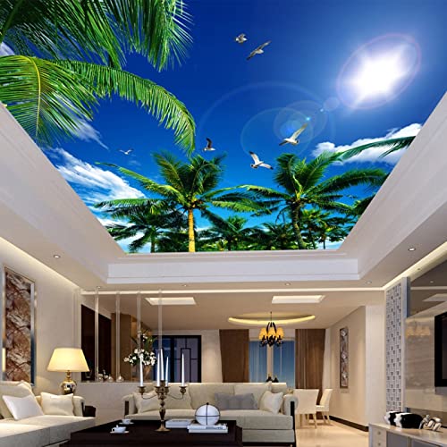 Zhehua Wallpaper Wallpaper 3D Wall Stickers Blue Sky White Clouds Coconut Trees Seagulls Living Room Bedroom Ceiling Stickers Decoration #TOP1