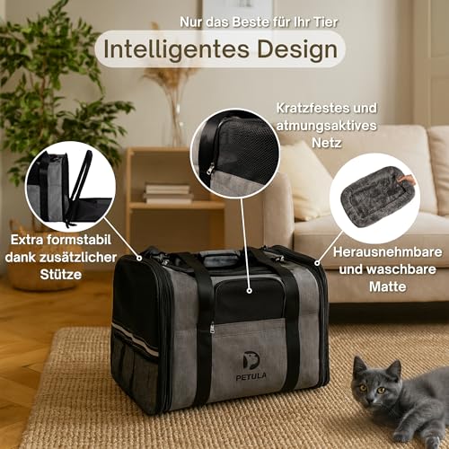 Petula Katzentasche & Hundetasche – Faltbare Transporttasche für Katzen & kleine Hunde bis 13 kg – Formstabil, mit Innenmatte, Belüftung, Tiertransporttasche, Transportbox (Grau)