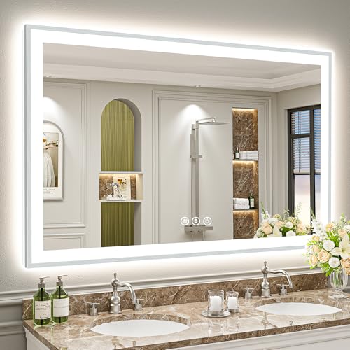 Image of 60x40 Brushed Nickel LED Bathroom Mirror with Lights, Backlit & Front-Lit, Anti-Fog, Framed Lighted Vanity Mirrors for Bathroom Wall, Dimmable, 3 Colors, Memory, Shatter-Proof, Tempered Glass
