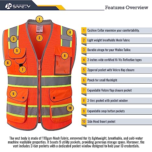 Image of JKSafety 9 Pockets Hi-Vis Safety Vest Breathable Mesh Fabric Cushioned Collar Work Utility PPE Lightweight Industrial Work Gear ANSI /ISEA compliant (101-Orange M)