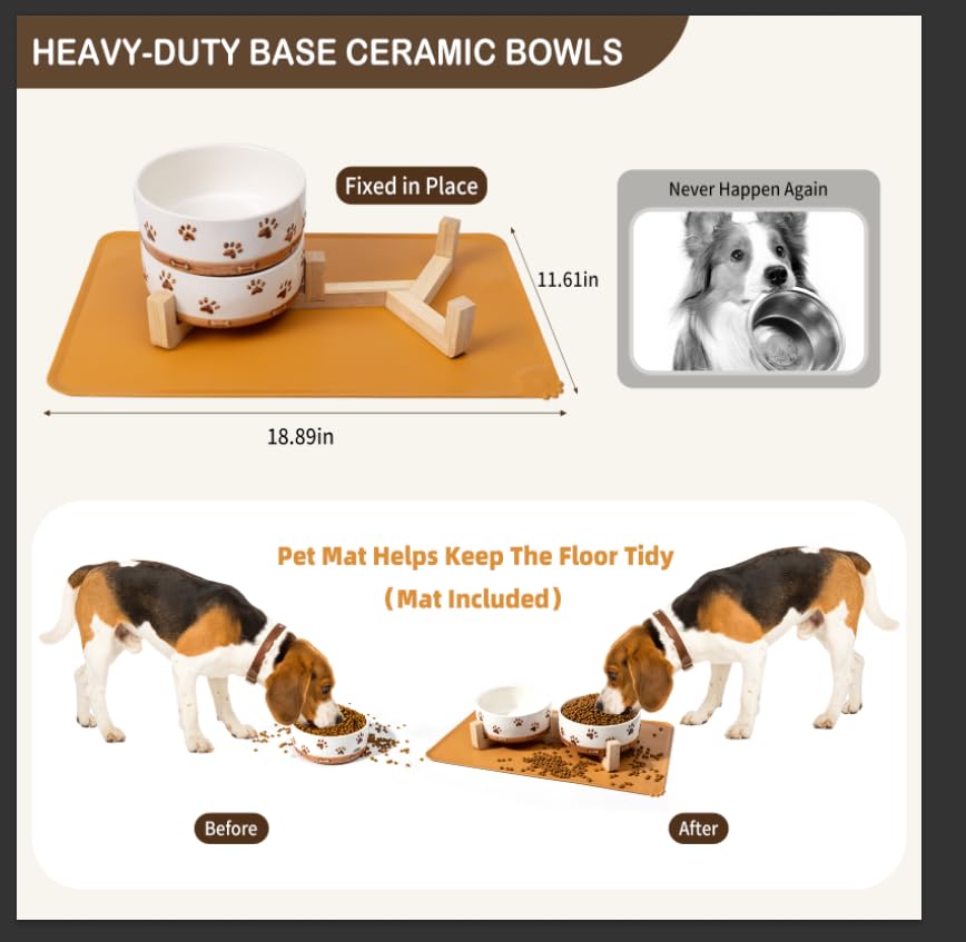 Ceramic Dog Bowls for Small and Medium Dogs, 4 Cups Dog Food and Water Bowl Set with Wooden Stand and Non-Slip Silicone Food Mat, Weighted Embossed Cute Puppy Bowls Feeding Dishes Set of 2 - Image 3