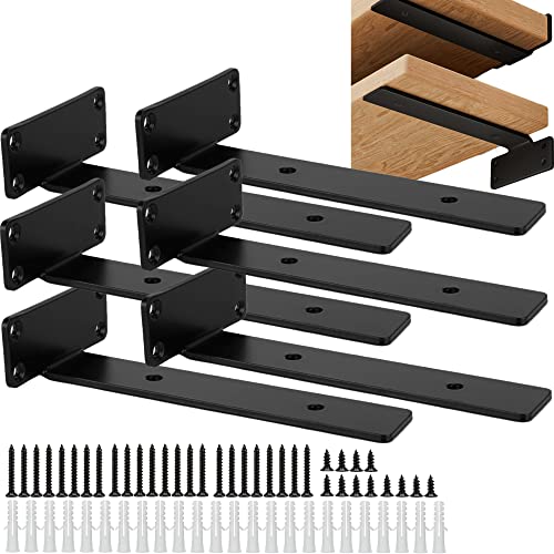 Fuqilala Heavy Duty Floating Shelf Brackets, 6 Pcs Of 8 Inch Industrial Shelf Bracket, 1/5 Inch Thick Black Metal Hidden Invisible L Shelves Brackets For Kitchen, Bathroom, Warehouse, Fireplace #TOP4