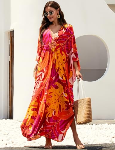 Image of MAKABO Kaftan Dresses for Women, V Neck Moo Moos Colorful Print Cover Ups Caftan Beach Dresses for Swimwear