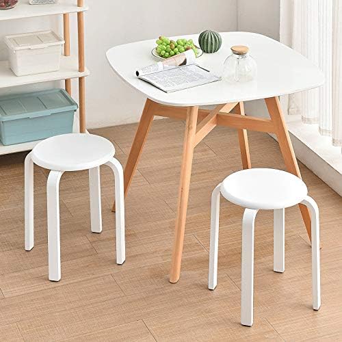 IBUYKE Set of 4 Wood Round Stool, Bar Stools Solid Anti-Slip Bent Wood Stacking Chair Stackable Stools Kitchen Office Party Chair White RF-717-4
