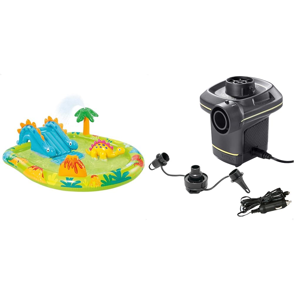 INTEX 57166 - Piscina Infantil Hinchable con dispersor de Agua y tobogán Dinosaurio, Centro de Juegos para niños & Intex 66634 - Inflador eléctrico con adaptadores 220-240V, Color Amarillo