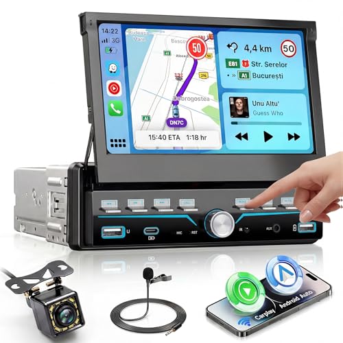 VECHETEL Autorradio 1 DIN con CarPlay, Android Auto, conectividad inalámbrica, 7' Extensible manualmente con Teclas Tipo Piano, Radio FM con Bluetooth, GPS/Navi, 2 USB/Tipo-C, cámara de Marcha