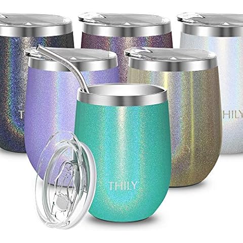 Vacuum Insulated Stemless Wine Glass - THILY Stainless Steel 12 oz Cute Travel Tumbler Cup with Spill Proof Lid and Reusable Straw, Keep Drinks Cold or Hot, Glitter Teal Cover