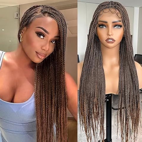 Suntefic Box Braided Wigs for Black Women Glueless Box Braids Wig with Baby Hair Double Full Lace Front Braid Wig Human Hair Blended Braided Wigs (Box-1BT30, Box Braid Wig 30 Inch) Cover