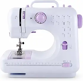 Máquina de Costura Portátil, Branca e Roxa, 12 Pontos, com Pedal, Luz LED, Compacta