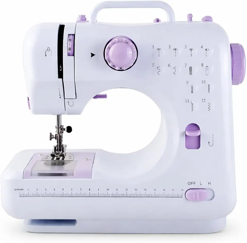 Máquina de Costura Portátil, Branca e Roxa, 12 Pontos, com Pedal, Luz LED, Compacta