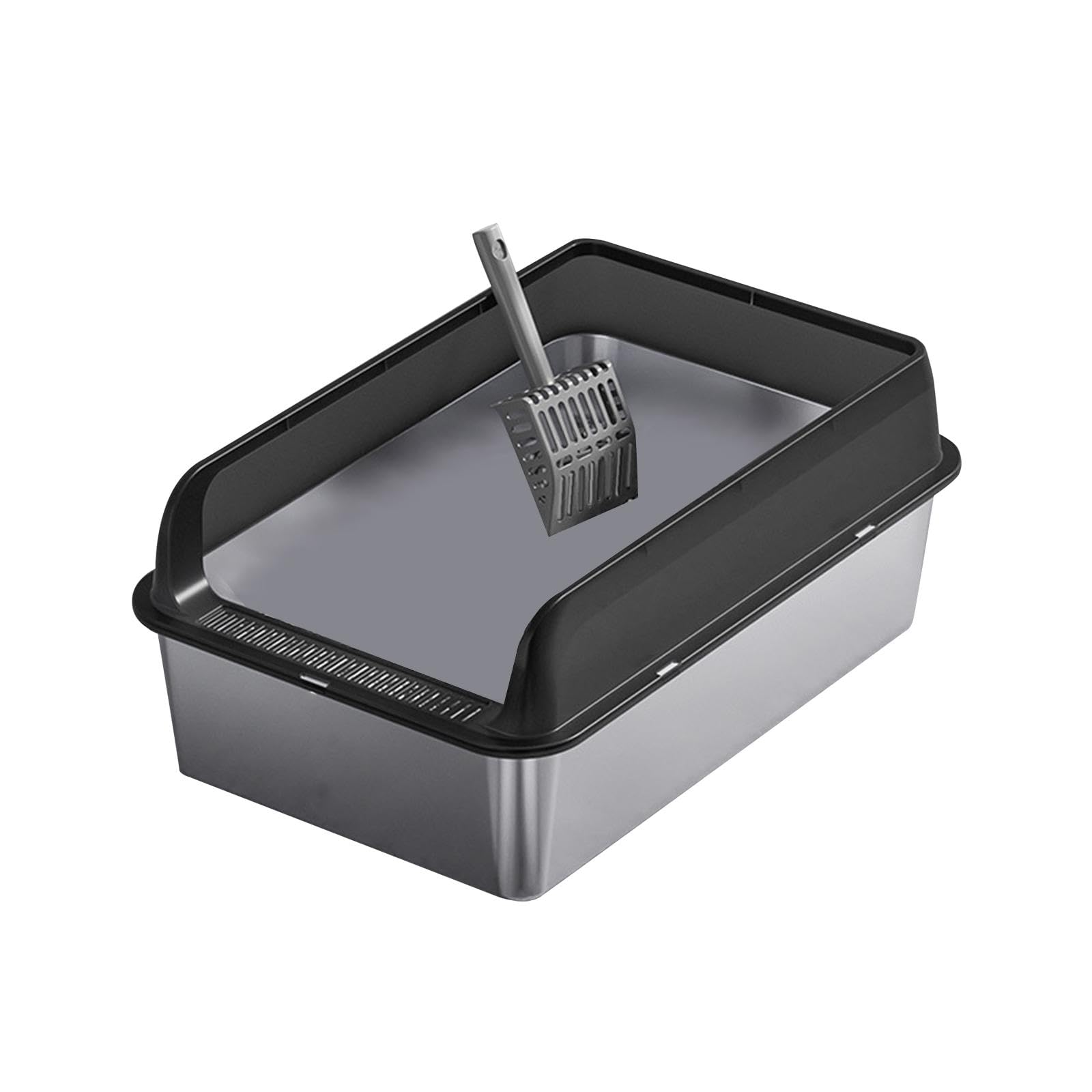 Edelstahl Katzentoilette ohne Deckel, Katzenklo Hoher Rand Offen, Antibakterielle Katzenklo Metall mit Spritzschutz, Open Top Pet Litter Box mit Schaufel und Anti-Rutsch-Matte, 50 * 35 * 15cm