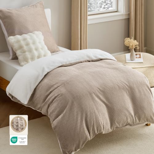 BEDSURE Flanell Bettwäsche 135x200 2tlg. - Khaki Warms Set, 80x80 Kissen | OEKO-TEX, Flauschiger Bettbezug mit Reißverschluss, Waffel-Design, Winter-Bettwäsche-Set in Biber-Optik,