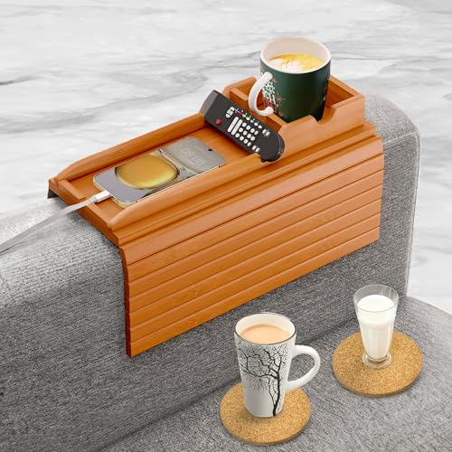 Couch Cup Holder Tray with 2 Cork Coasters, Couch Caddy,