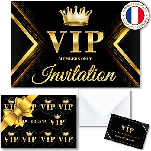 Kit de 10 cartes invitation en français pour anniversaire/fête sur le thème VIP pour 10 invités (KIT=10 cartons d invitation + 10 enveloppes + 11 cartes...