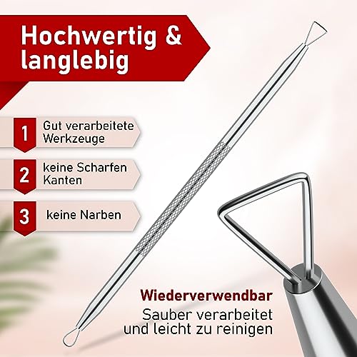NEUMANN® Mitesserentferner-Set (rostfreier Edelstahl) zum entfernen von Pickeln, Blackheads & co. - Komedonenquetscher, Heber, Remover - Verschiedene Tools: Schlingen, Pinzetten, Lanzette [Silber]