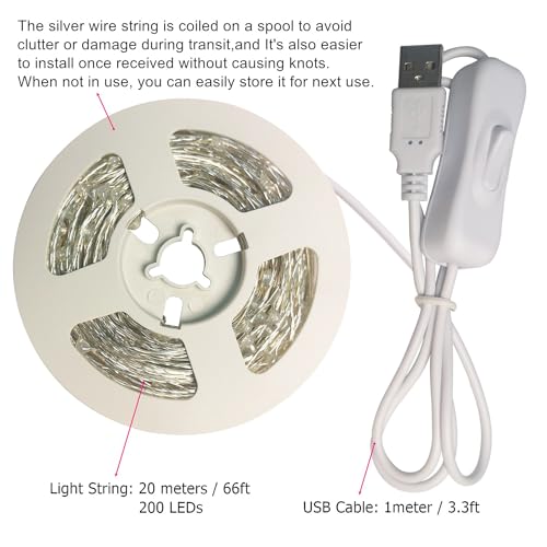 Image of Ruichen USB Power Starry LED Christmas String Lights with 200 Mini Micro LEDs on 66FT Long Silver Wire(White)