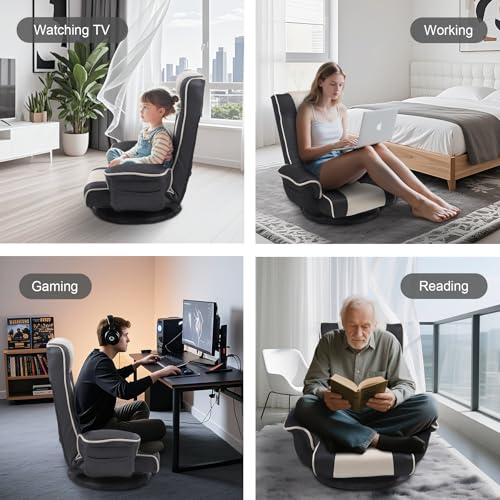 Image of Swivel Floor Chairs for Adults, Floor Gaming Chair with Extra Wide Arms, Back Support 14 Angles Adjustable Comfortable Double Mesh Fabric Lazy Sofa for Video Game Chairs 201 (Grey + Beige)