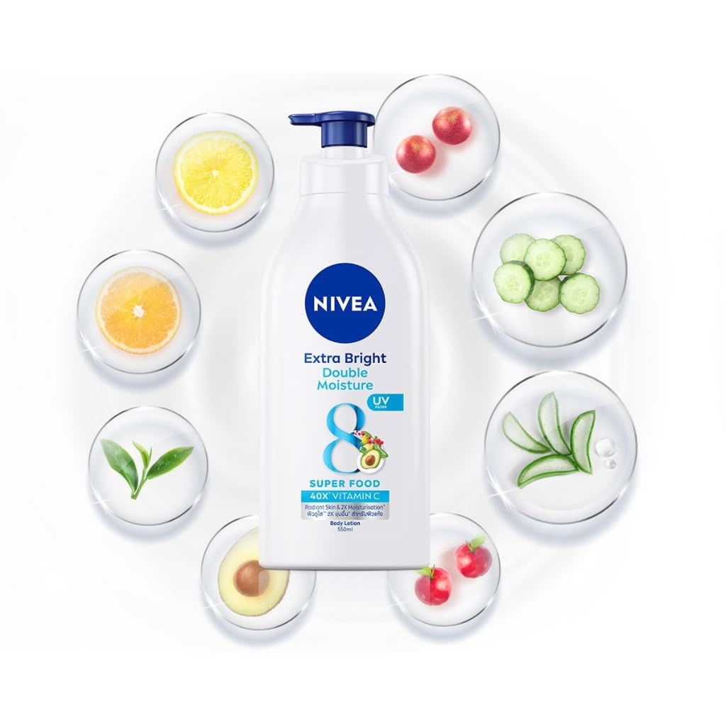 NIVEA Extra Bright Double Moisture Body Lotion, 40X Vitamin C from 8 Superfoods, Vitamin E, UV Filter, 24h Moisture 550ml