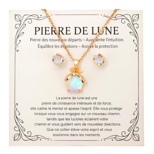 FIDWALL Bijoux Femme Collier et Boucles d’Oreilles en Pierre de Lune, Idée Originale pour Ado & Adulte, Fille, Maman, Sœur, Amie Coffret Noël (Or)