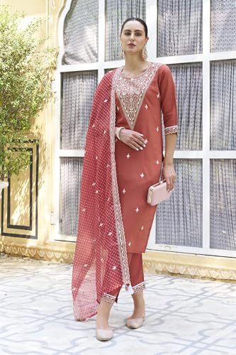 Image of VredeVogel Women's Silk Blend Embroidered Kurta with Pant & Organza Dupatta Set