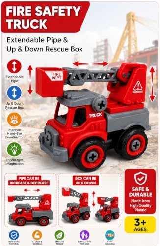 Image of TEC TAVAKKAL 4 in 1 Construction Vehicle Toys for Kids, DIY Assembly Engineering Truck Set with Screwdriver, Crane, Excavator, Missile Launcher & Fire Truck, Educational Toy (Set of 4 Vehicle Toys)