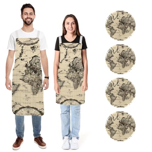 Tablier de cuisine en lin lot de 2 avec poches motif carte du monde vintage pour couple