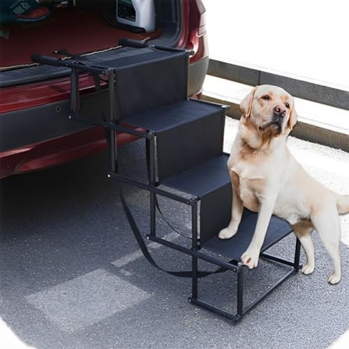 Hundetreppe Für Kleine Große Hunde, Hunderampe Auto Klappbar, Haustiertreppe Leiter 4 Stufen, Gelenkschonende Einstiegshilfe Hundetreppe für Auto Kofferraum bis 80 kg Belastbar, Schwarz