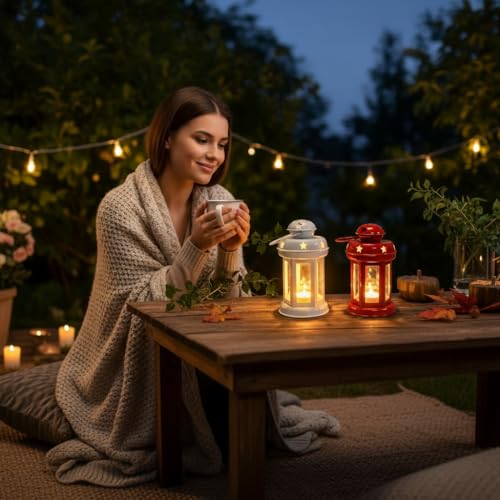 Image of Mini Metal Tea Light Lantern Set of 1 Candle Holder Home Decor | Perfect for Living Room, Bedroom, Pooja Space, Festive Decor, Weddings, Housewarming & Gifting Ideal for Diwali, Wedding - White & Red