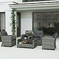 Outsunny 4 Pieces Patio Furniture Sets with Cushions, PE Rattan Wicker Conversation Chairs w/Two-Tier Coffee Table for Backyard Porch Garden Poolside and Deck, Charcoal