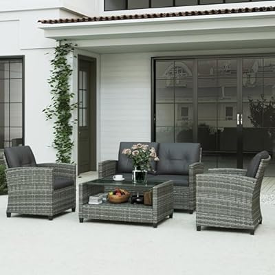 Outsunny 4 Pieces Patio Furniture Sets with Cushions, PE Rattan Wicker Conversation Chairs w/Two-Tier Coffee Table for Backyard Porch Garden Poolside and Deck, Charcoal