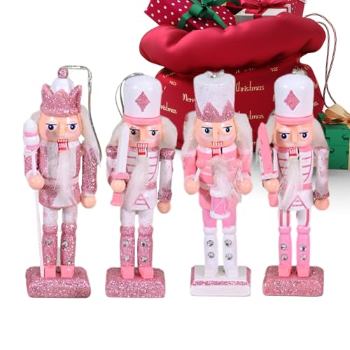 Decorazione Di Cracker Di Noci Di Natale - Oggetto Rosa A 4 Pezzi, Bambola In Legno Da Collezione | Figura Con Stile Fatto A Mano E Design Classico, Ringraziamento Di Halloween, Camera Da Letto Di