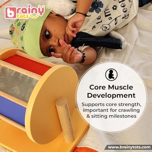 Image of Rainbow Spinning Wheel Toy for Babies 0 to 12 Months | Montessori Wooden Tummy Time Sensory Toy to Build Fine Motor Skills, Hand Eye Coordination and Early Learning