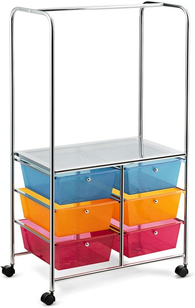 6 Drawer Rolling Storage Cart Hanging Bar Office Dining Room Kitchen Handle