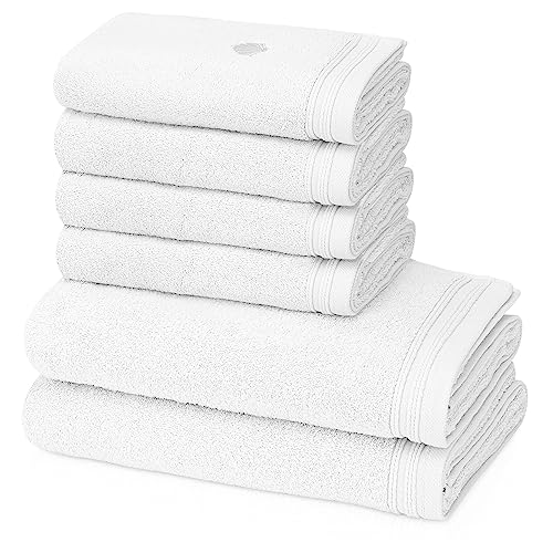 KLASBROOK® Linnea 6 teiliges Luxus Handtücher Set Weiss, extra flauschig und saugfähig aus 100% Baumwolle Oeko-TEX 100 Zertifiziert mit Aufhänger, 4 Handtücher 50x100 + 2 Badetücher 70x140