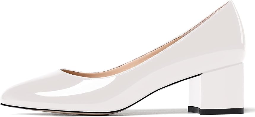 MODENCOCO Womens Patent Leather Round Toe Solid Slip On Chunky Low Heel Pumps Wedding Evening Dress Shoes 2 Inch