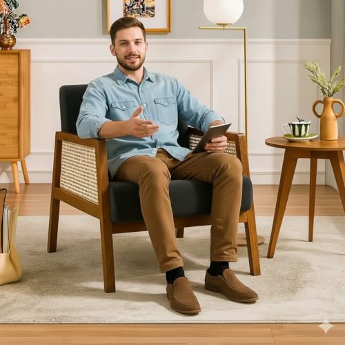 Image of Solid Sheesham Wood Arm Chair with Cushion || Cane Chairs for Balcony || Wooden Armrest Chair Garden Chairs Outdoor & Indoor || Dining Chair for Living Room Furniture Bedroom Home Brown Finish