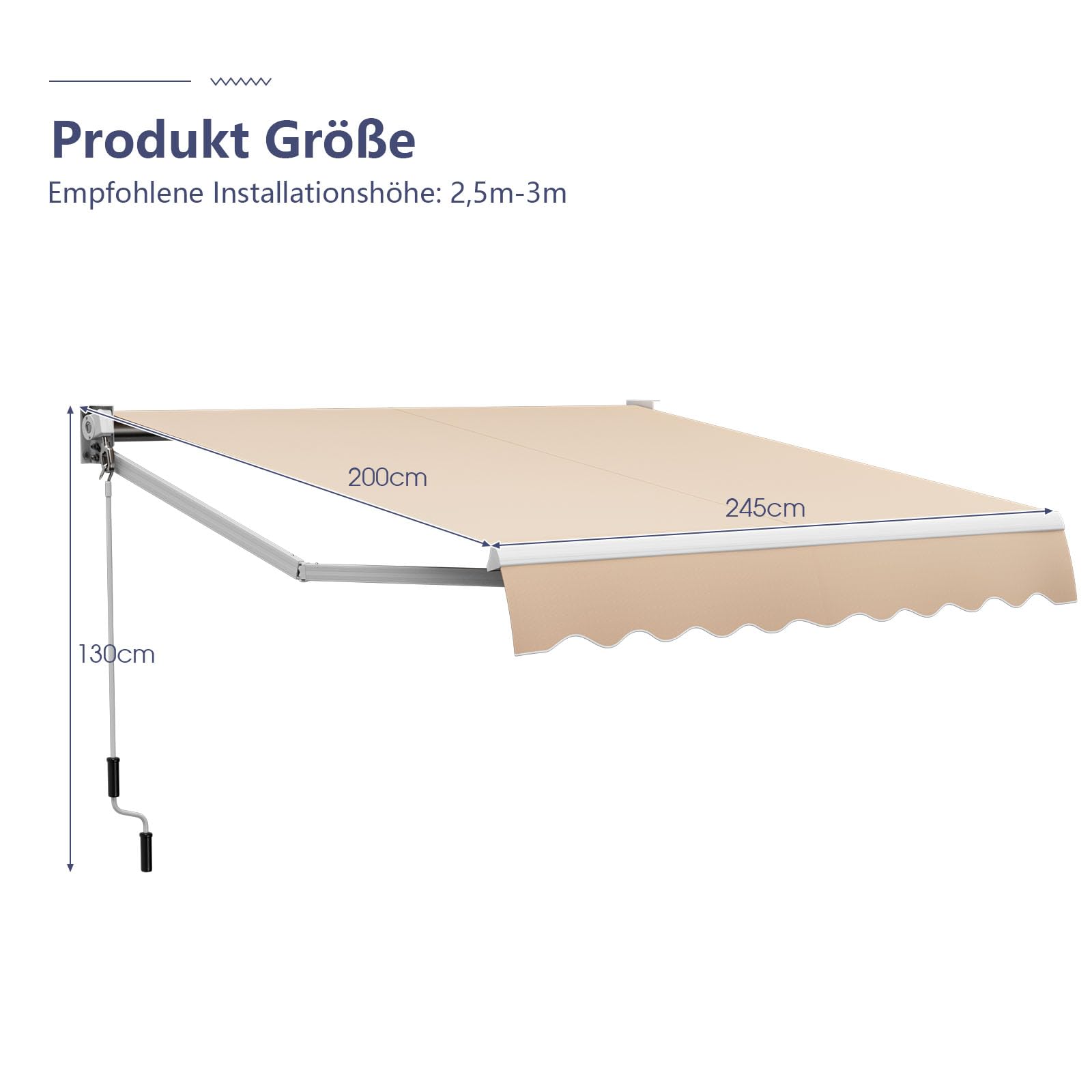 COSTWAY Markiza z ramieniem przegubowym, 250 x 200 cm, markiza tarasowa z aluminiową ramą i korbą ręczną, markiza przeciwsłoneczna, regulowany kąt 40-100°, ochrona przed słońcem i wodoszczelna, na