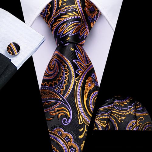 Image of Barry.Wang Men Tie Set Paisley Silk Necktie Pocket Square Cufflinks Formal Wedding Business Party