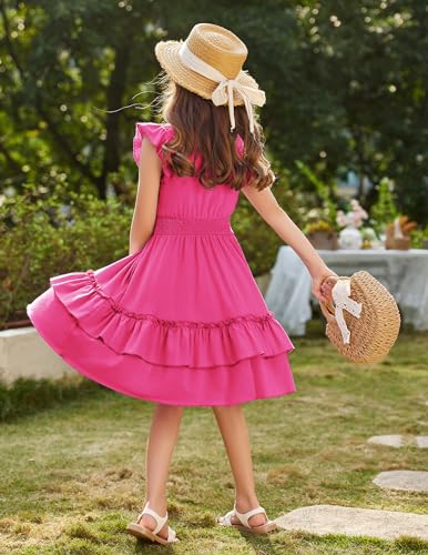 Image of Arshiner Girls Dresses Flutter Sleeve A-Line Sundress Casual Summer Tiered Swing Midi Pocket Dress