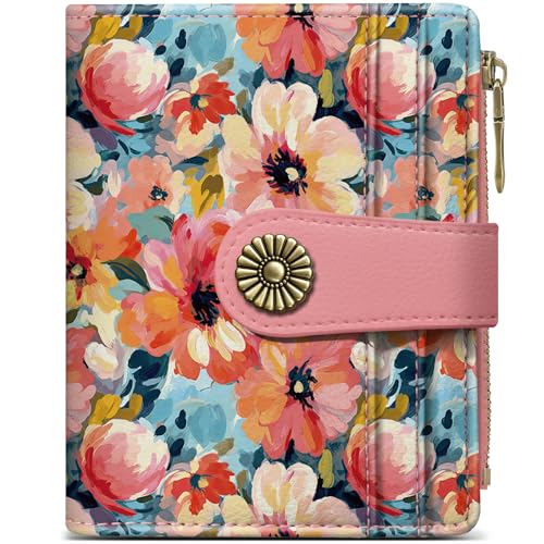 Image of Small Wallet for Women, RFID Blocking Bifold Card Holder Wallet with 10 Card Slots, Cash Compartment, Zipper Coin Pocket & ID Window, Cute Soft Vegan Leather Compact Wallet, Pastel Garden